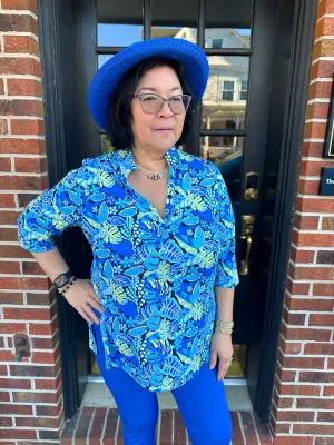 Beachtime by Lulu B Blue and Yellow Flower Button Tunic