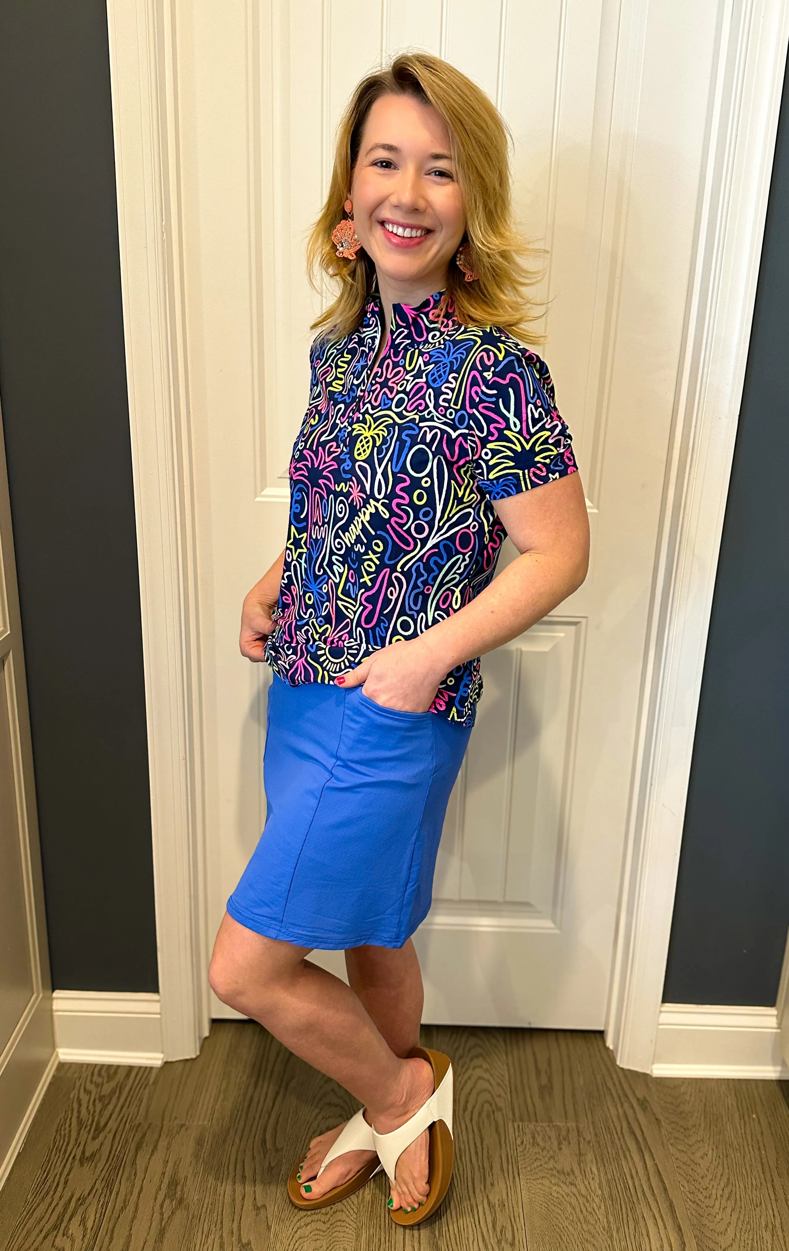 Beachtime by Lulu B Navy Neon Abstract Short Sleeve Zip Top
