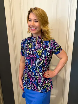 Beachtime by Lulu B Navy Neon Abstract Short Sleeve Zip Top
