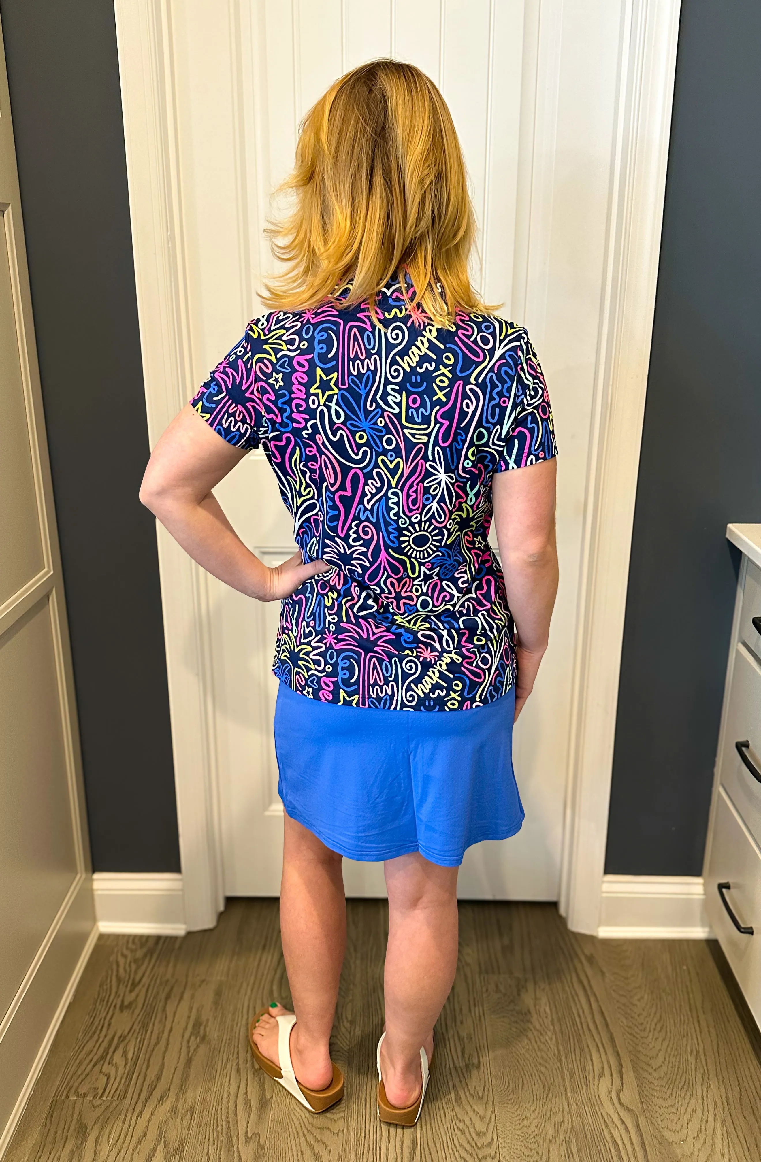 Beachtime by Lulu B Navy Neon Abstract Short Sleeve Zip Top