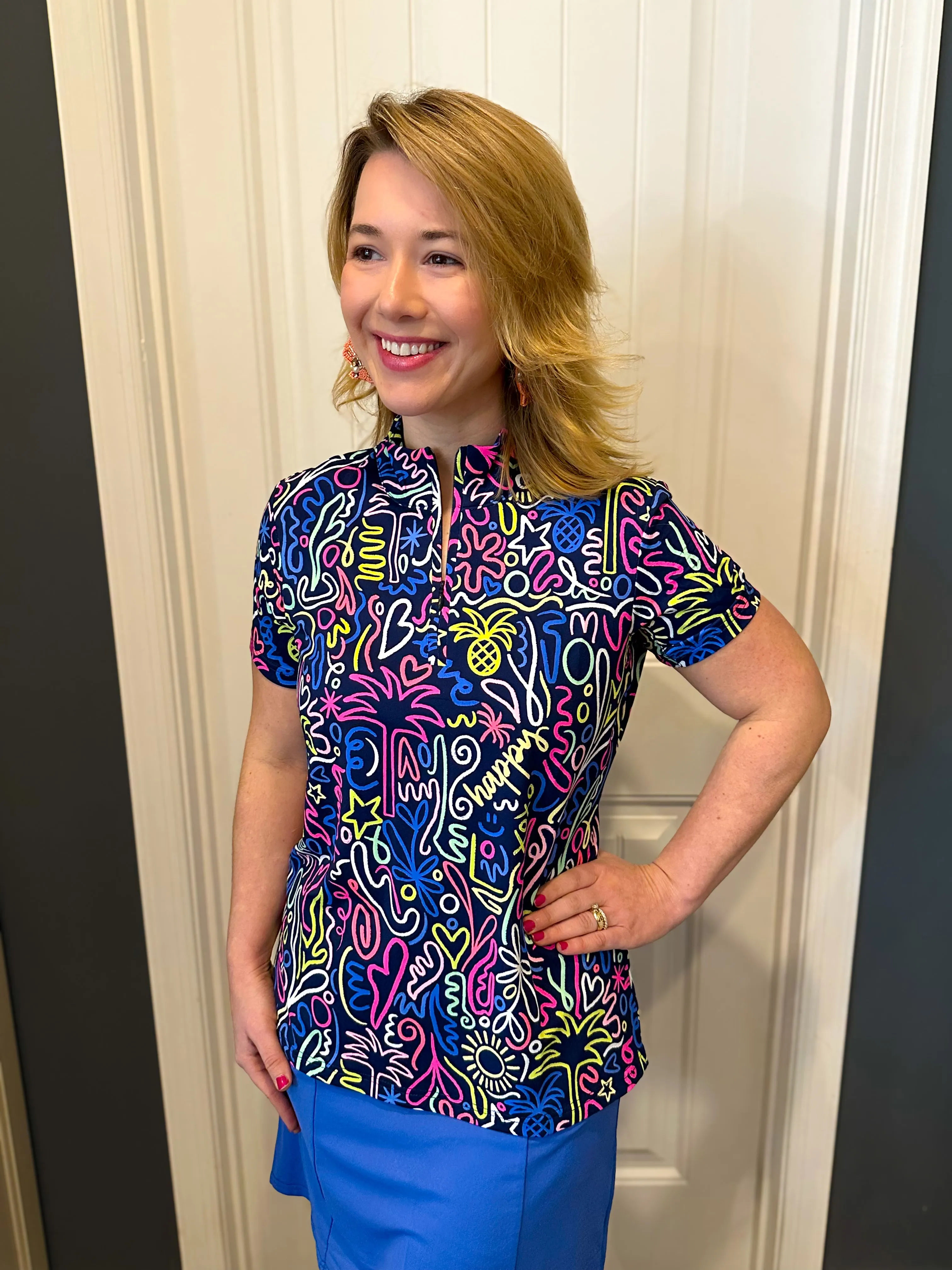Beachtime by Lulu B Navy Neon Abstract Short Sleeve Zip Top