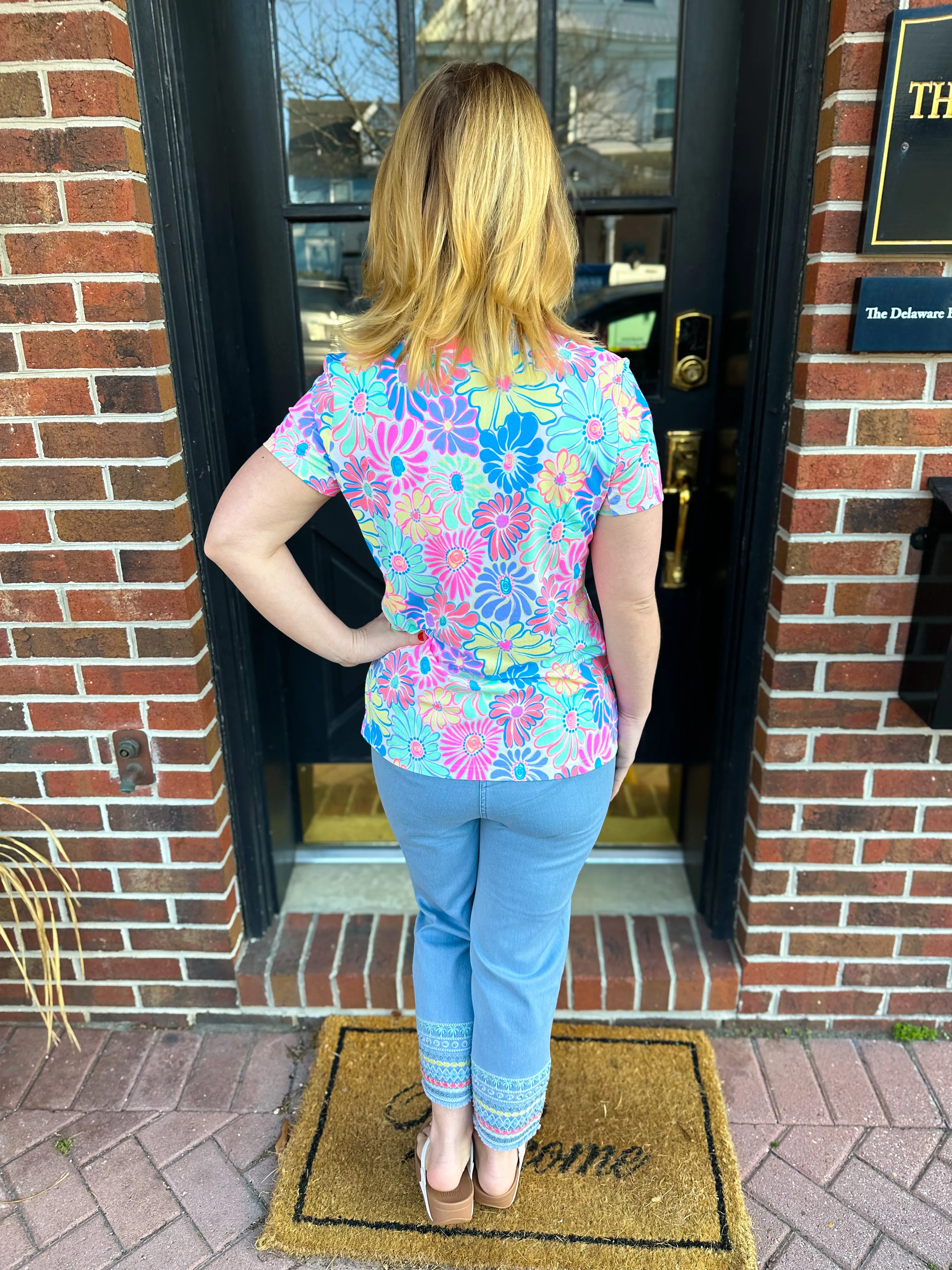 Beachtime by Lulu B Retro Flower Short Sleeve Zip Top
