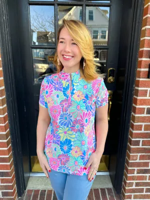 Beachtime by Lulu B Retro Flower Short Sleeve Zip Top