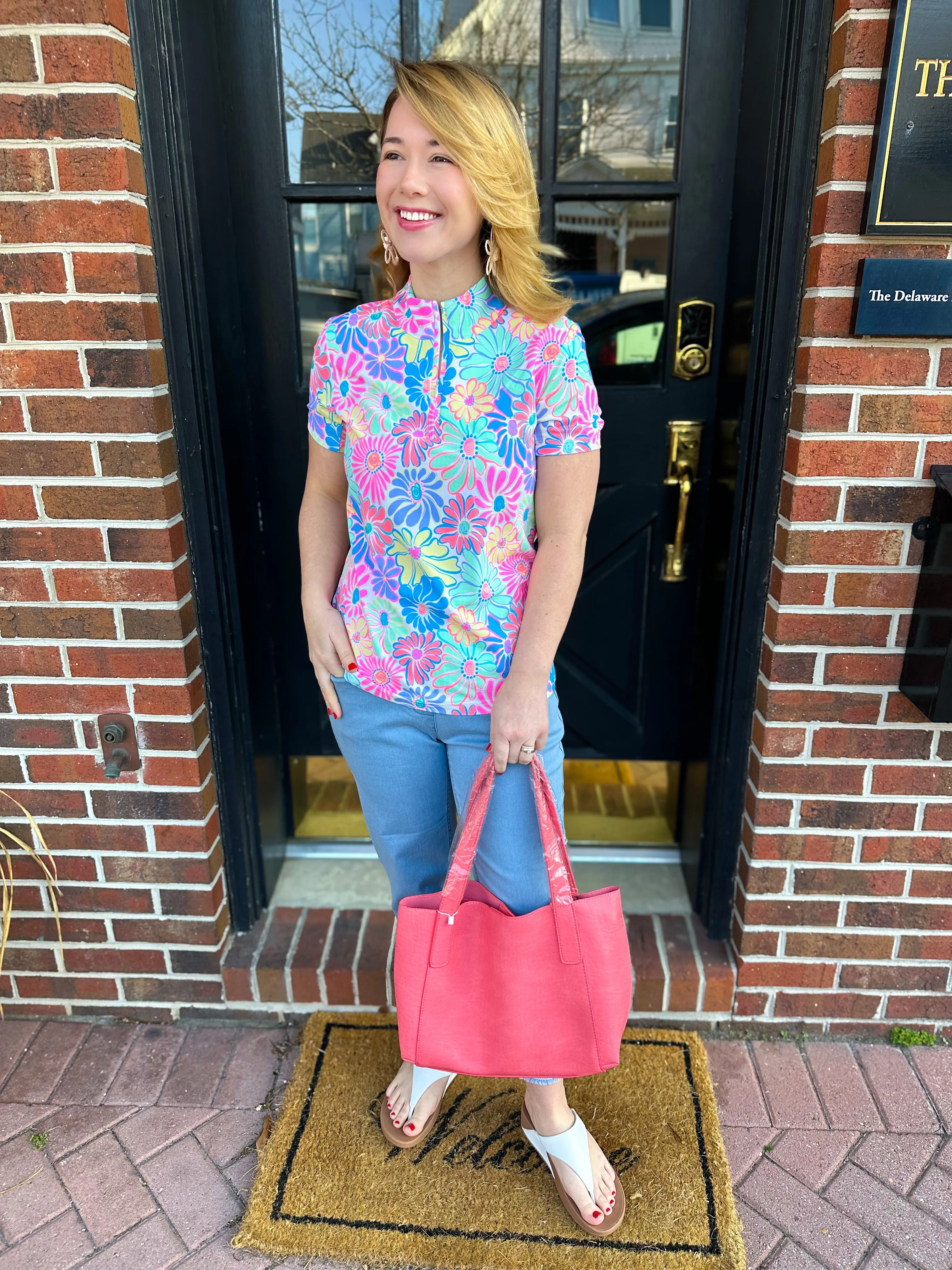 Beachtime by Lulu B Retro Flower Short Sleeve Zip Top