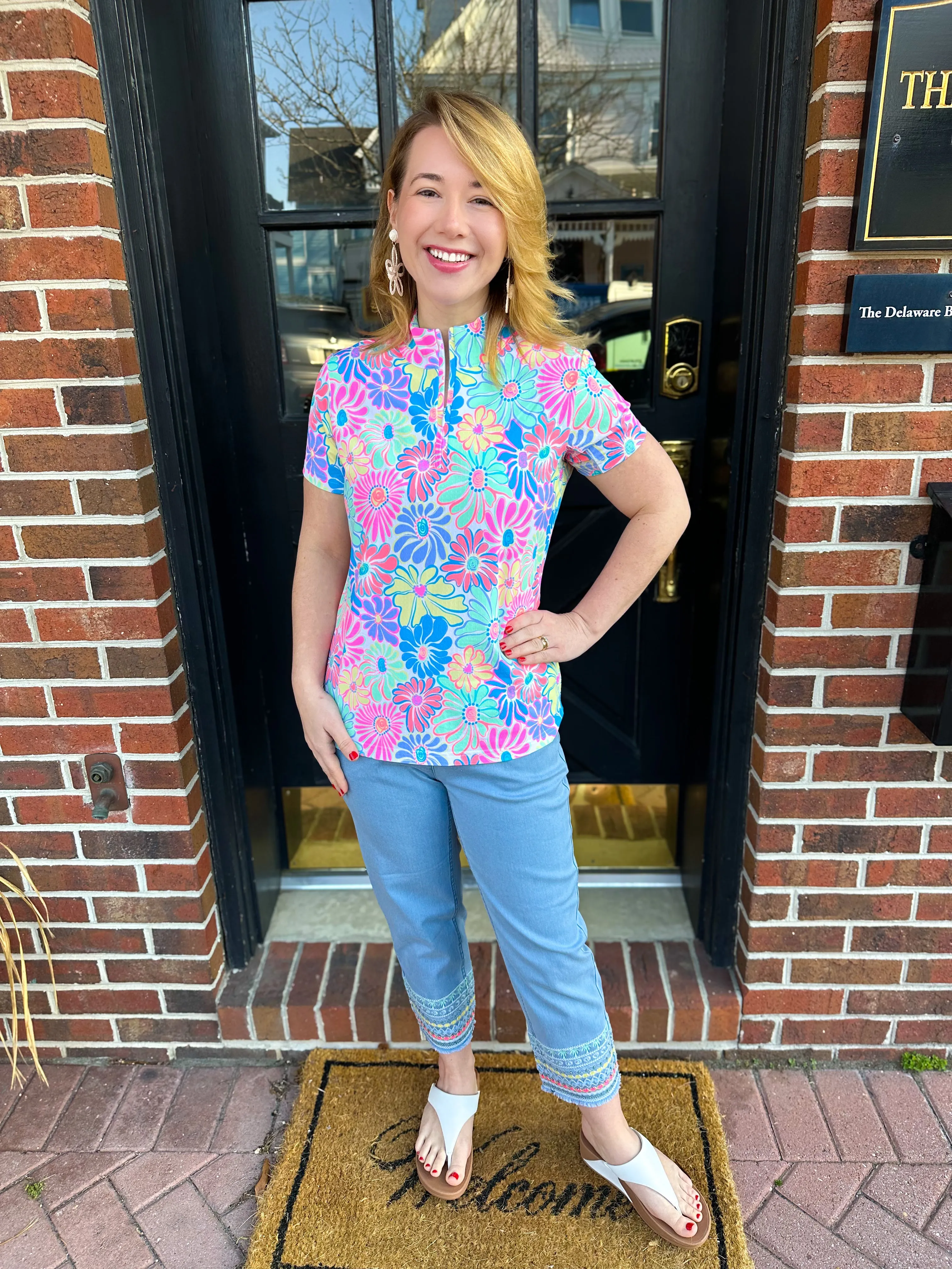 Beachtime by Lulu B Retro Flower Short Sleeve Zip Top