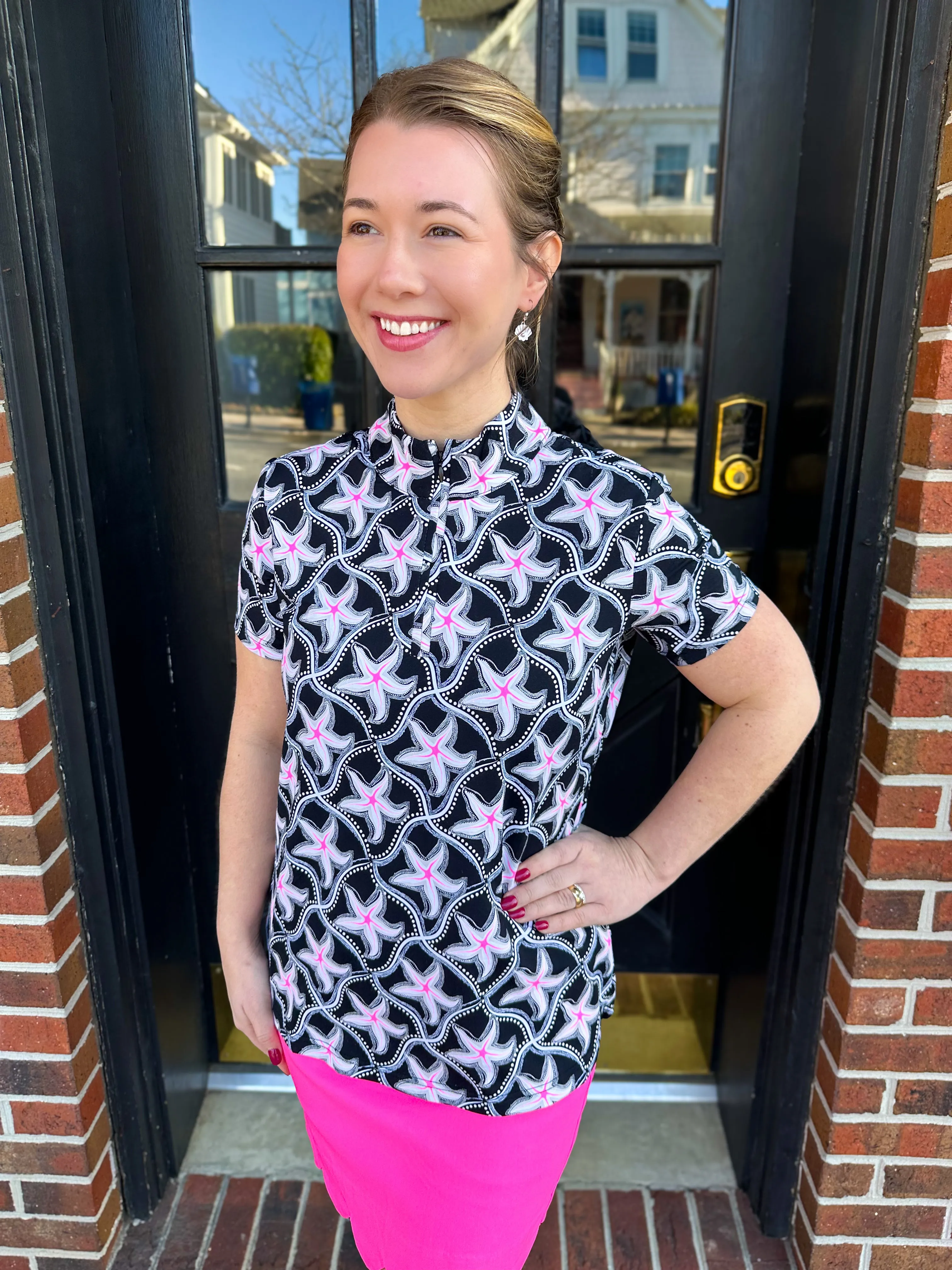 Beachtime by Lulu B Starfish Short Sleeve Zip Top