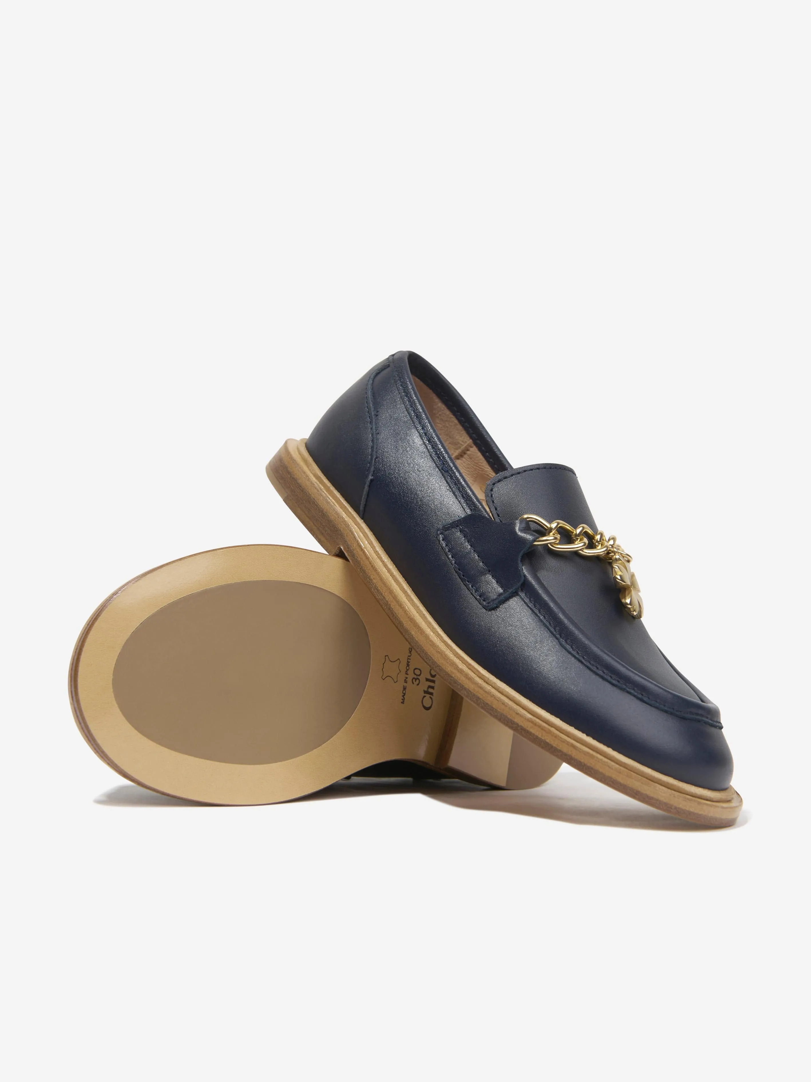 Chlo Girls Leather Moccasins in Navy