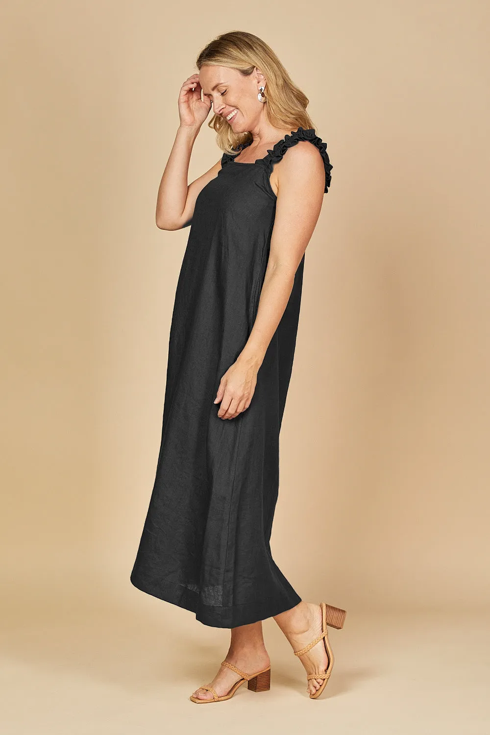 Claire Maxi Linen Dress in Black Adrift