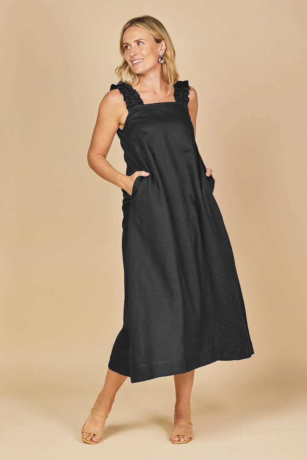 Claire Maxi Linen Dress in Black Adrift