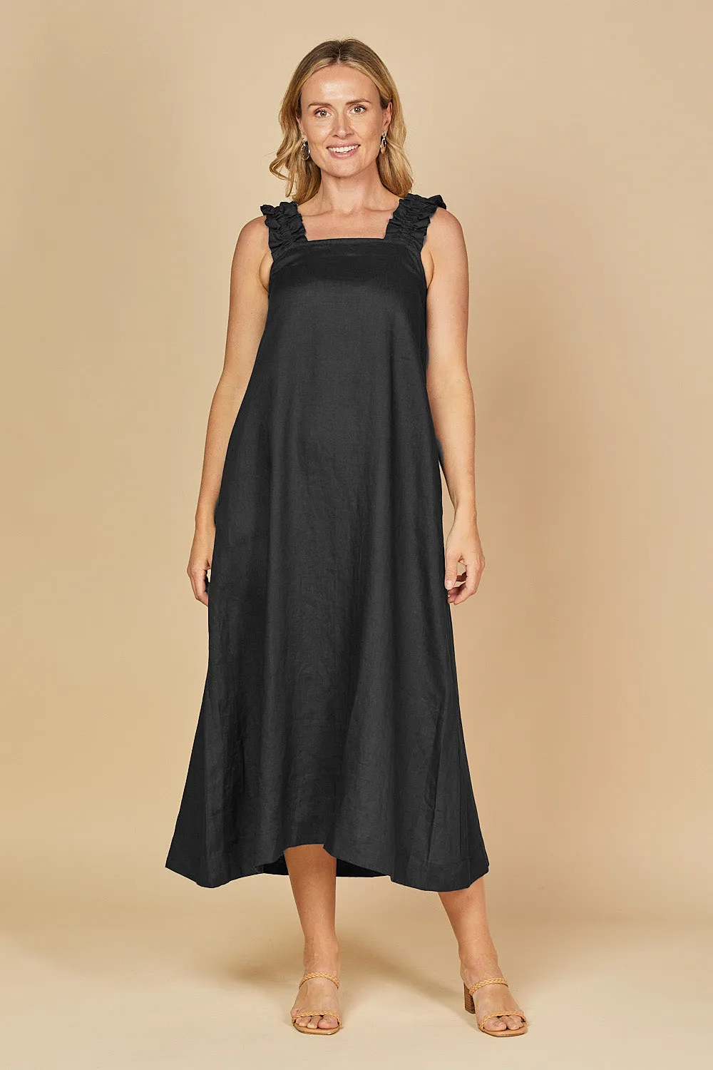 Claire Maxi Linen Dress in Black Adrift