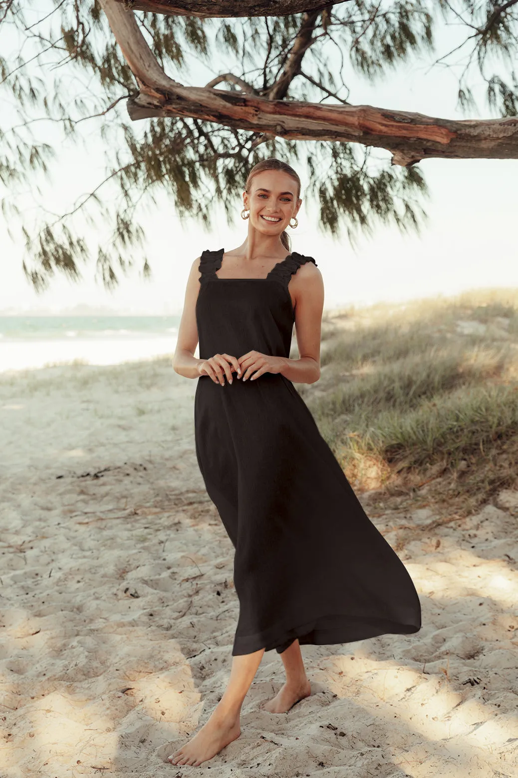 Claire Maxi Linen Dress in Black Adrift