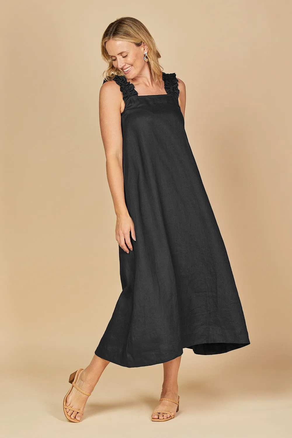 Claire Maxi Linen Dress in Black Adrift