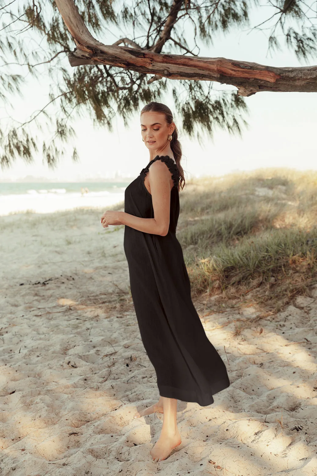 Claire Maxi Linen Dress in Black Adrift