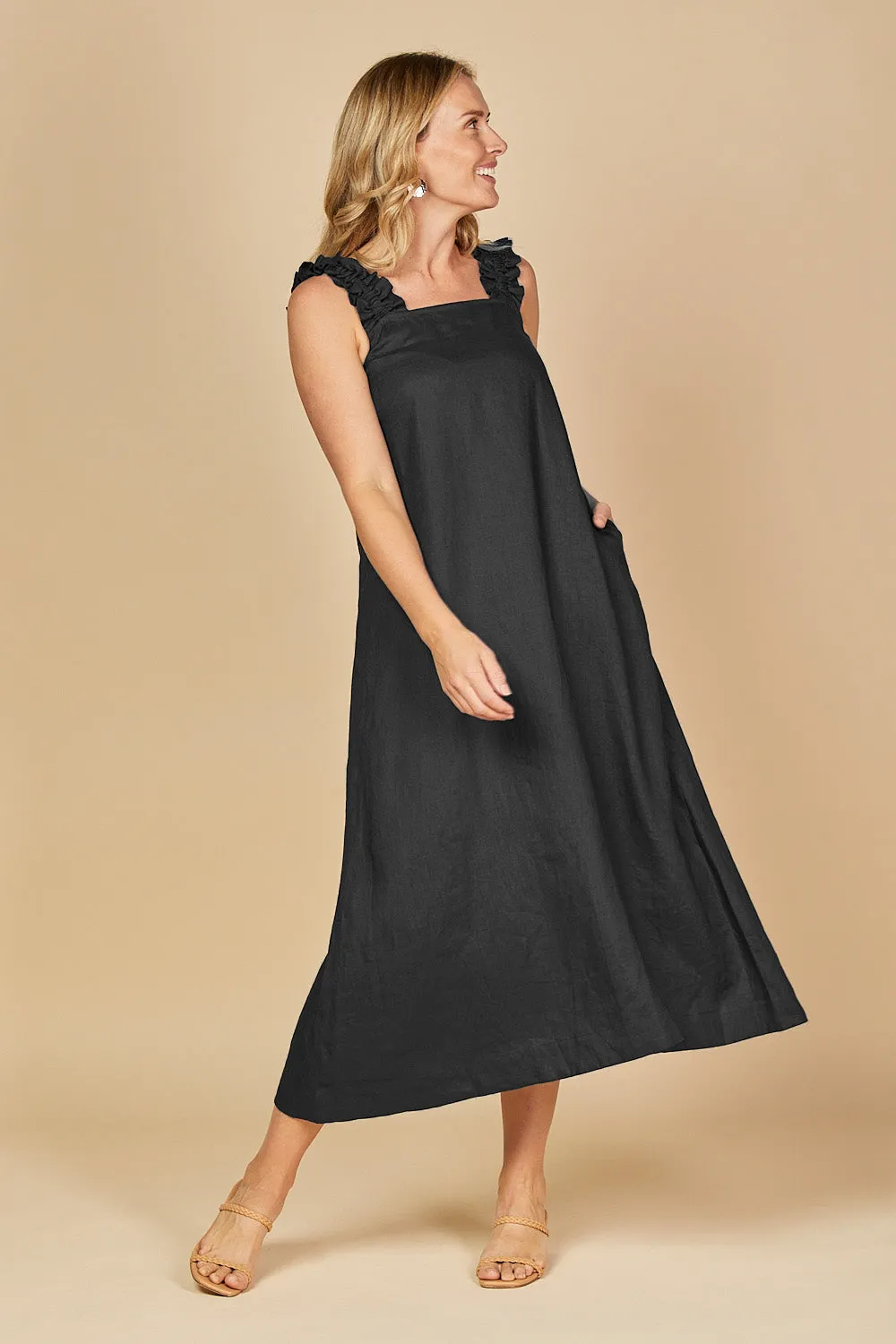 Claire Maxi Linen Dress in Black Adrift