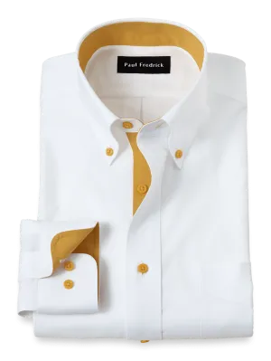 Comfort Stretch Non-Iron Solid Dress Shirt With Contrast Trim - White/gold