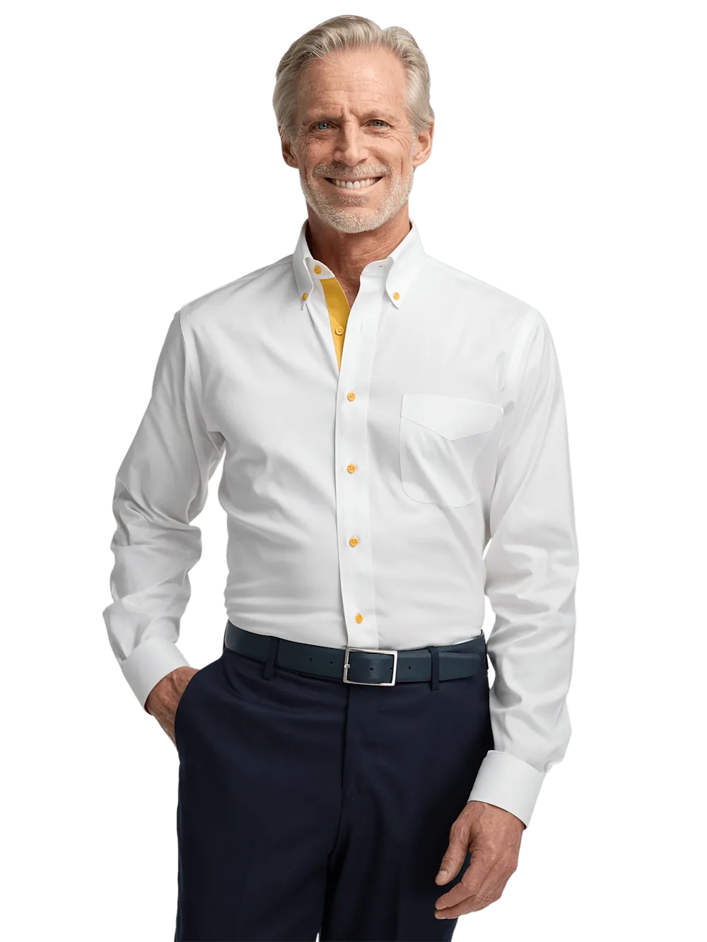 Comfort Stretch Non-Iron Solid Dress Shirt With Contrast Trim - White/gold