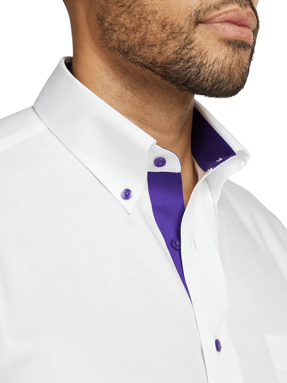 Comfort Stretch Non-Iron Solid Dress Shirt With Contrast Trim - White/purple