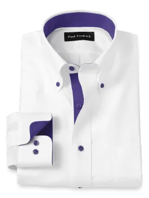 Comfort Stretch Non-Iron Solid Dress Shirt With Contrast Trim - White/purple