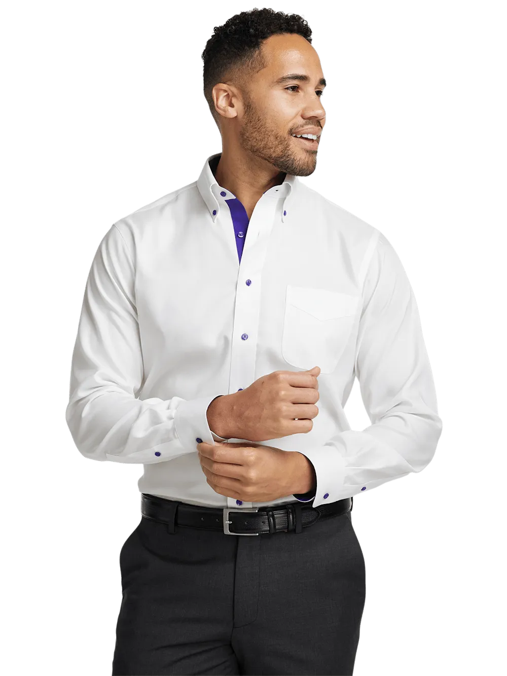 Comfort Stretch Non-Iron Solid Dress Shirt With Contrast Trim - White/purple