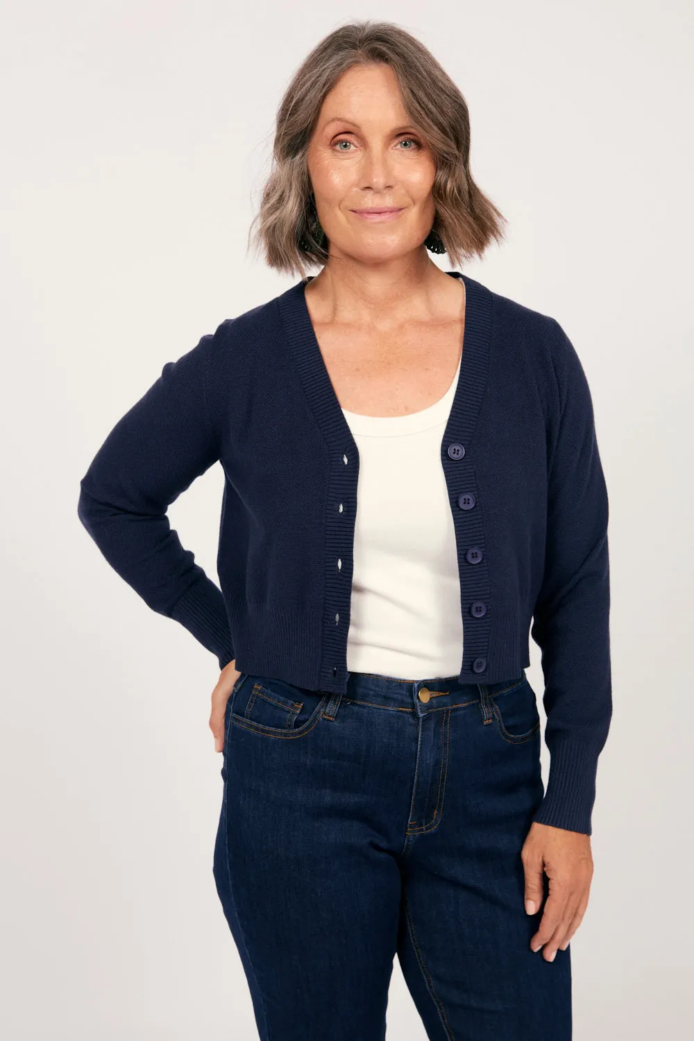 Knitted Cropped Cardigan in Navy Adrift