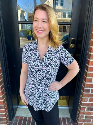 Lulu B Black and Pink Flower Short Sleeve Collar Top