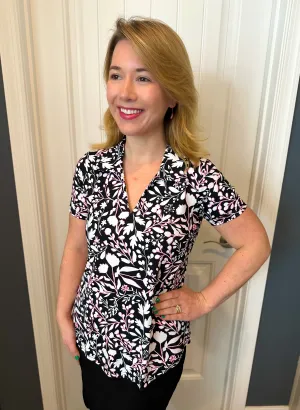 Lulu B Black Floral Short Sleeve Collar Top