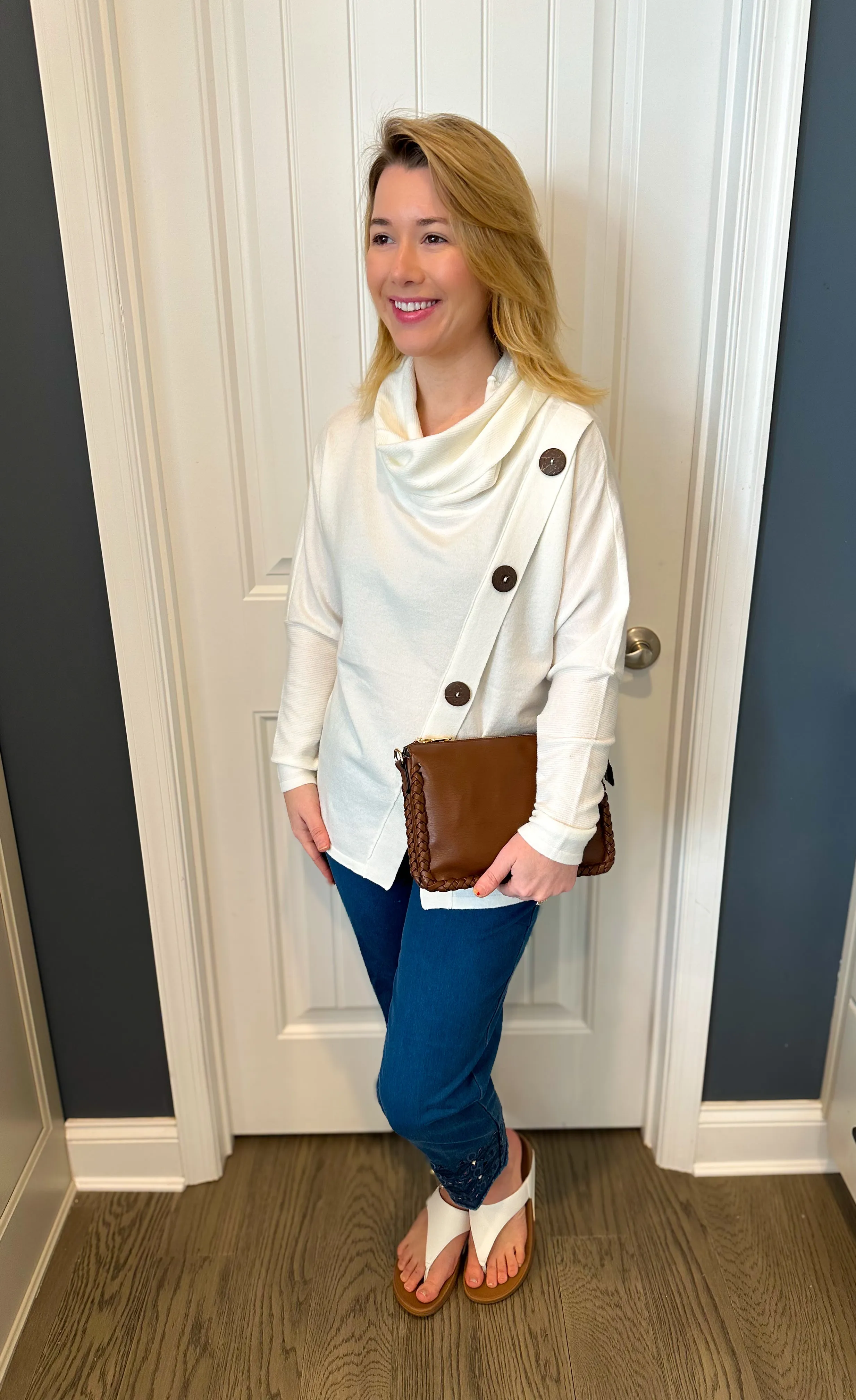 Lulu B Cream Diagonal Button Cowl Neck Top