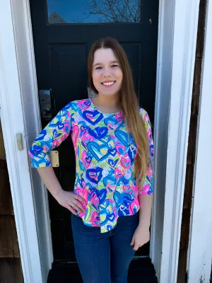 Lulu B Hearts Asymmetrical S-Neck Top UPF 50 