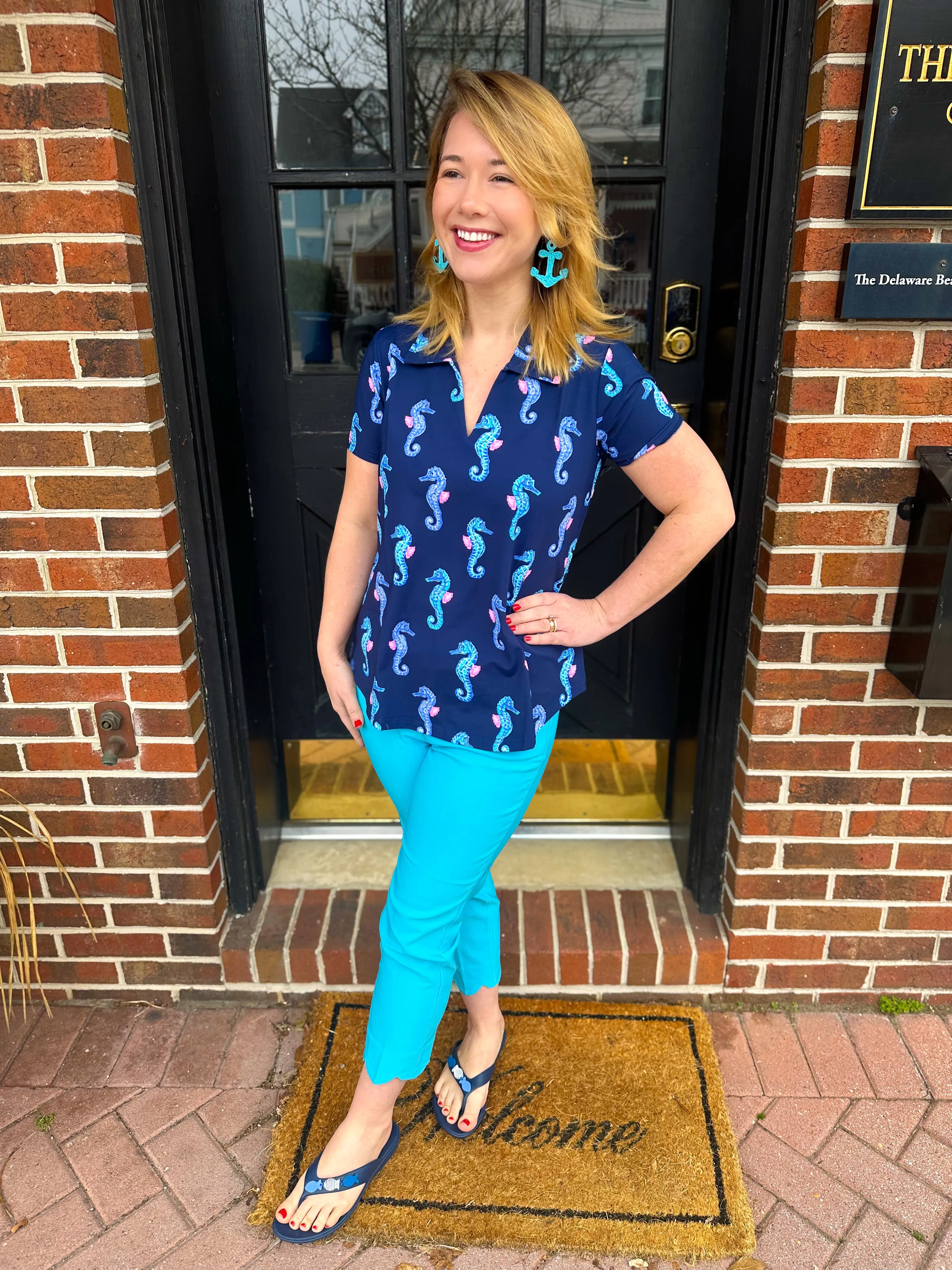 Lulu B Navy Seahorse Short Sleeve Collar Top