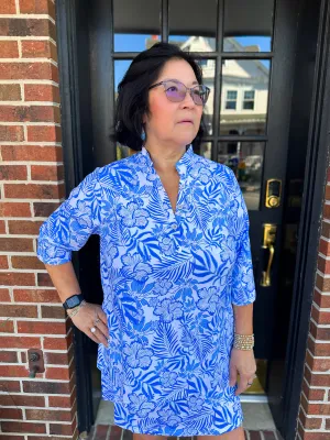 Lulu B White and Blue Floral Button Tunic