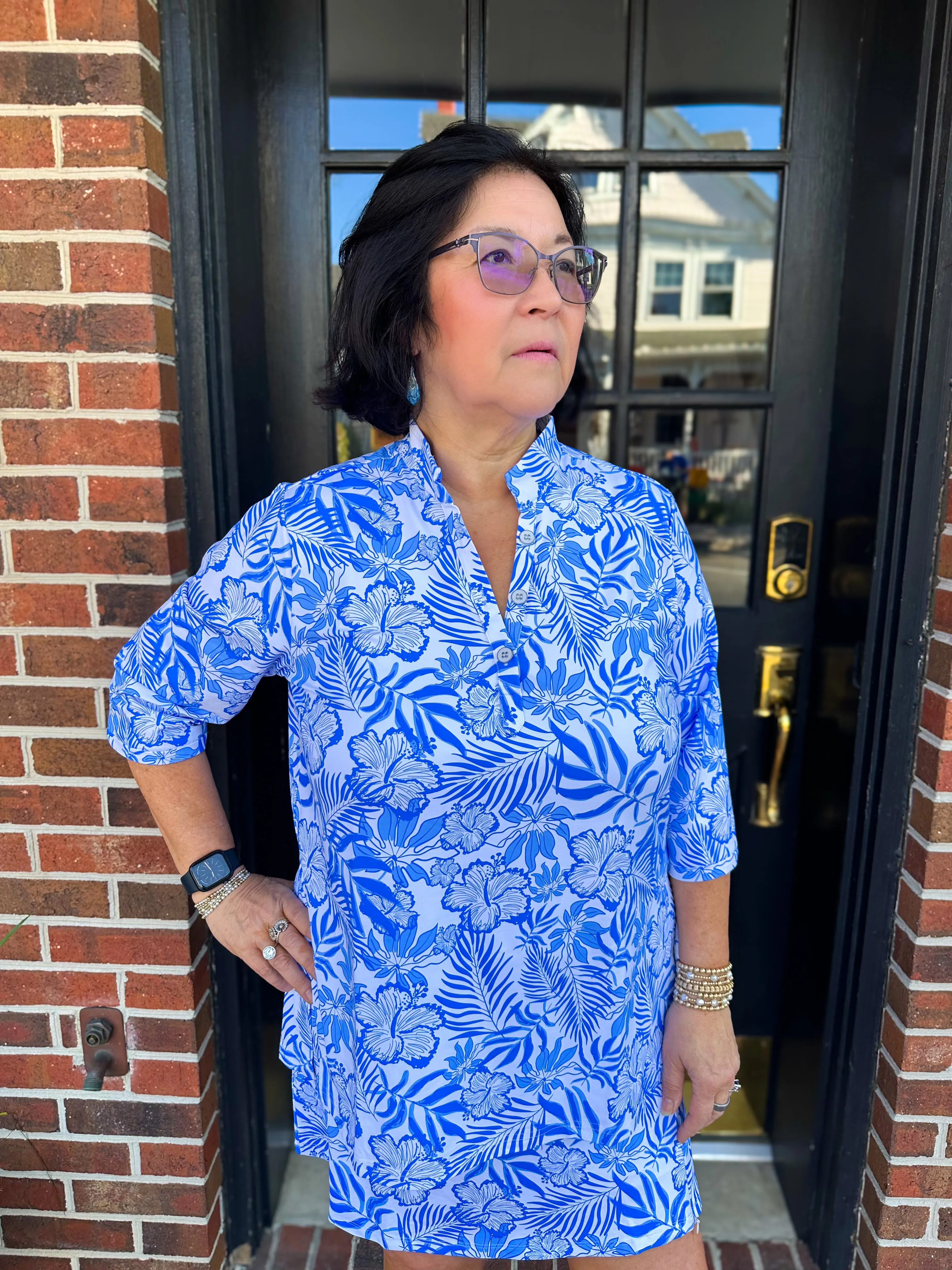 Lulu B White and Blue Floral Button Tunic