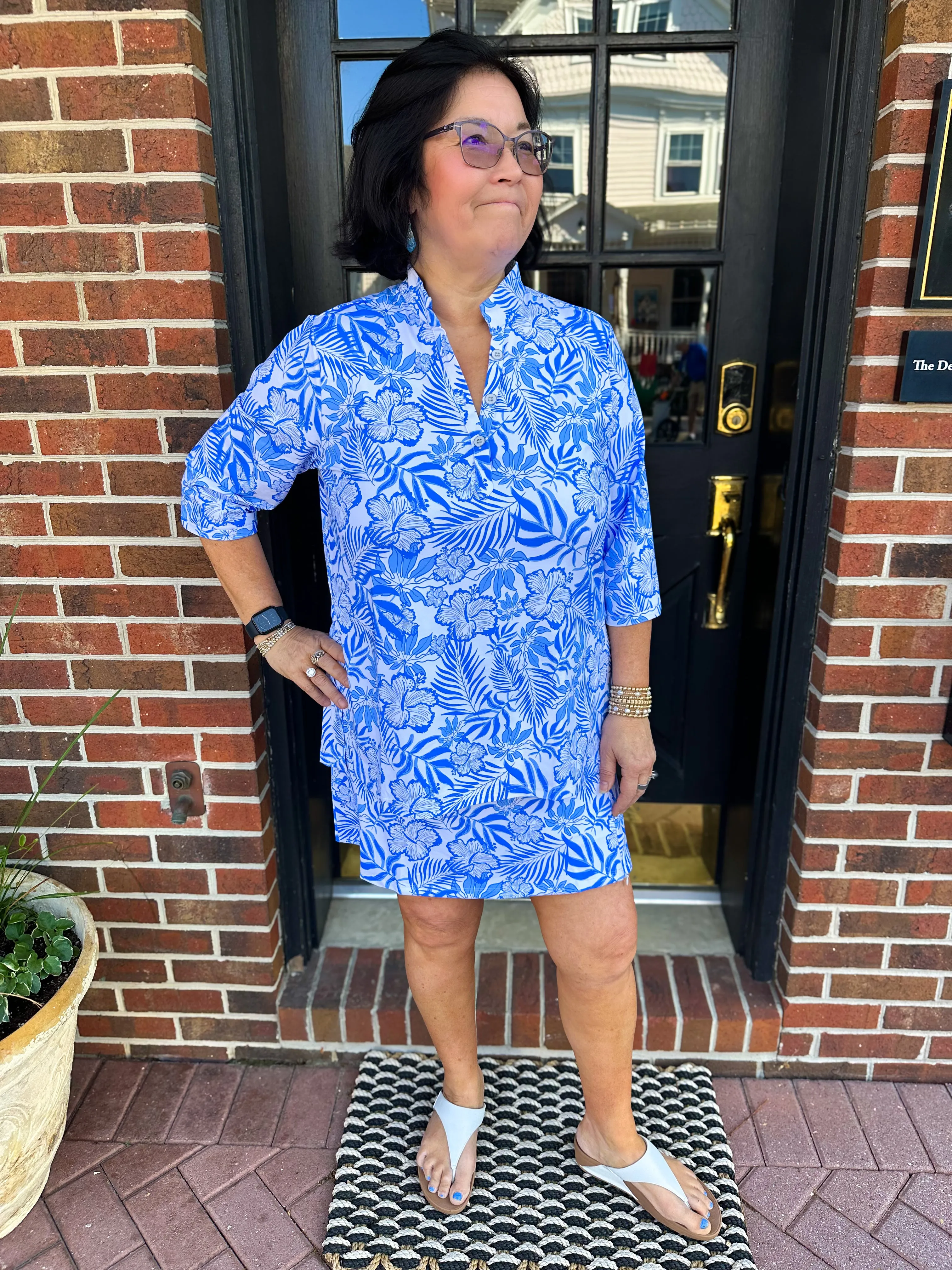 Lulu B White and Blue Floral Button Tunic