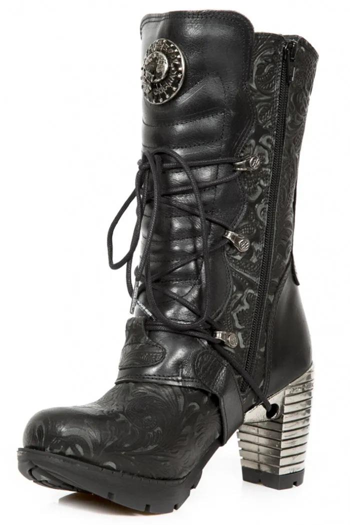 New Rock M-TR003-S8 Platform Genuine Leather Brocade Boots Black