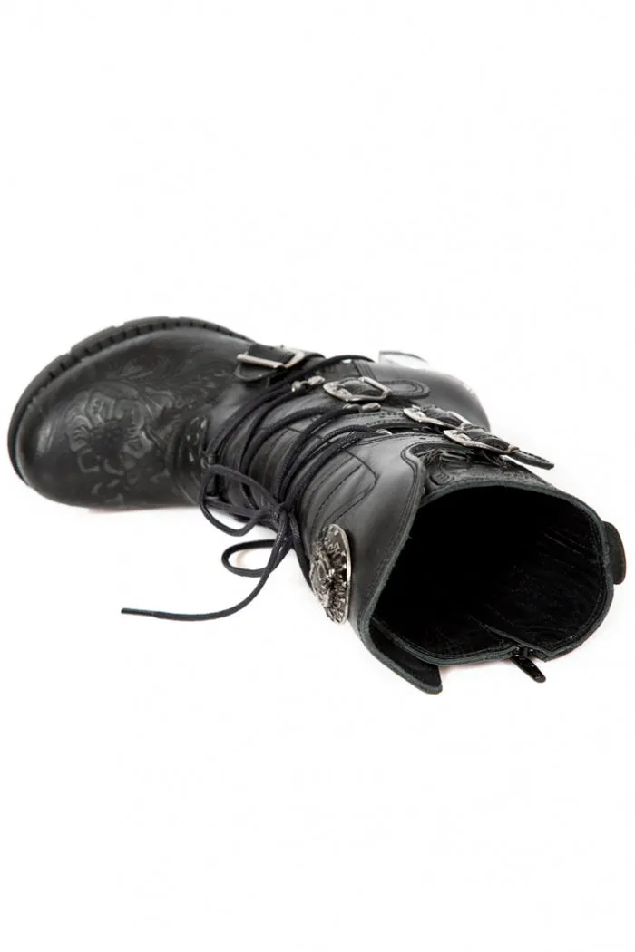 New Rock M-TR003-S8 Platform Genuine Leather Brocade Boots Black