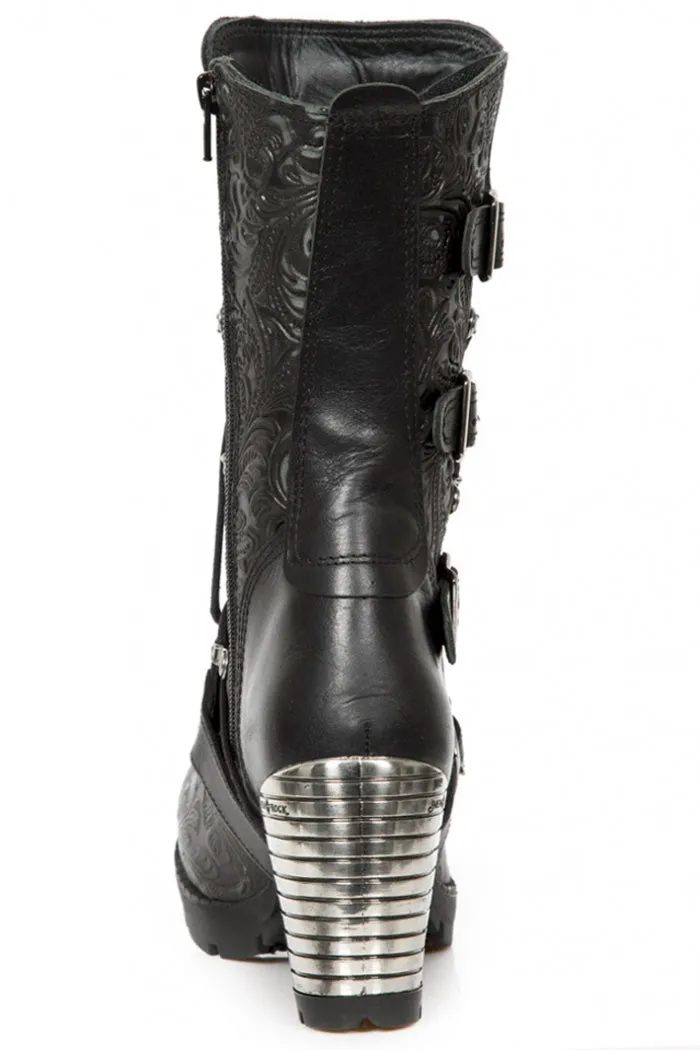 New Rock M-TR003-S8 Platform Genuine Leather Brocade Boots Black