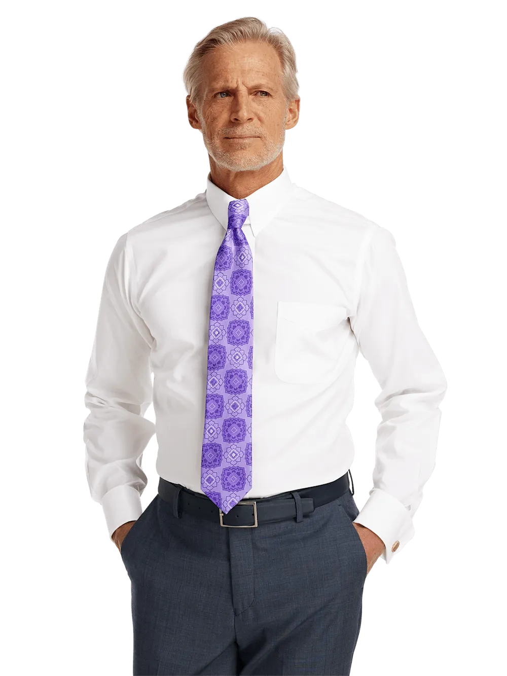 Non-Iron Cotton Pinpoint Solid Snap Tab Collar French Cuff Dress Shirt - White