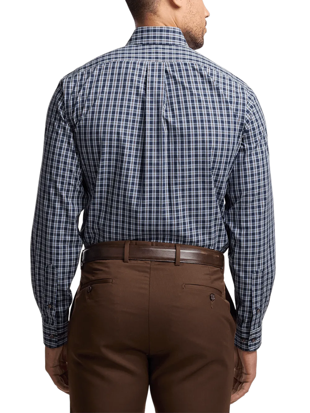 Non-Iron Cotton Plaid Dress Shirt With Contrast Trim - Navy/brown