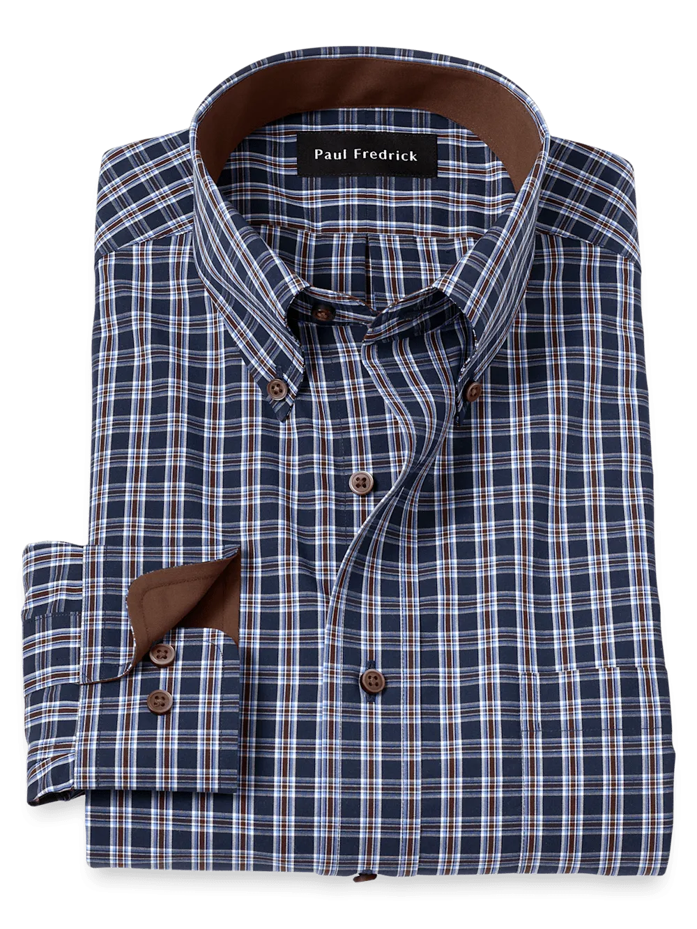 Non-Iron Cotton Plaid Dress Shirt With Contrast Trim - Navy/brown