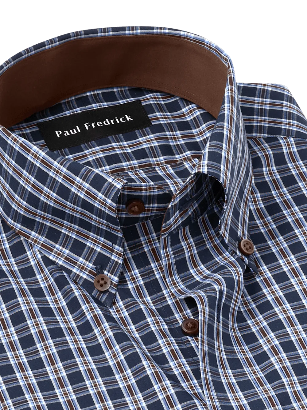 Non-Iron Cotton Plaid Dress Shirt With Contrast Trim - Navy/brown