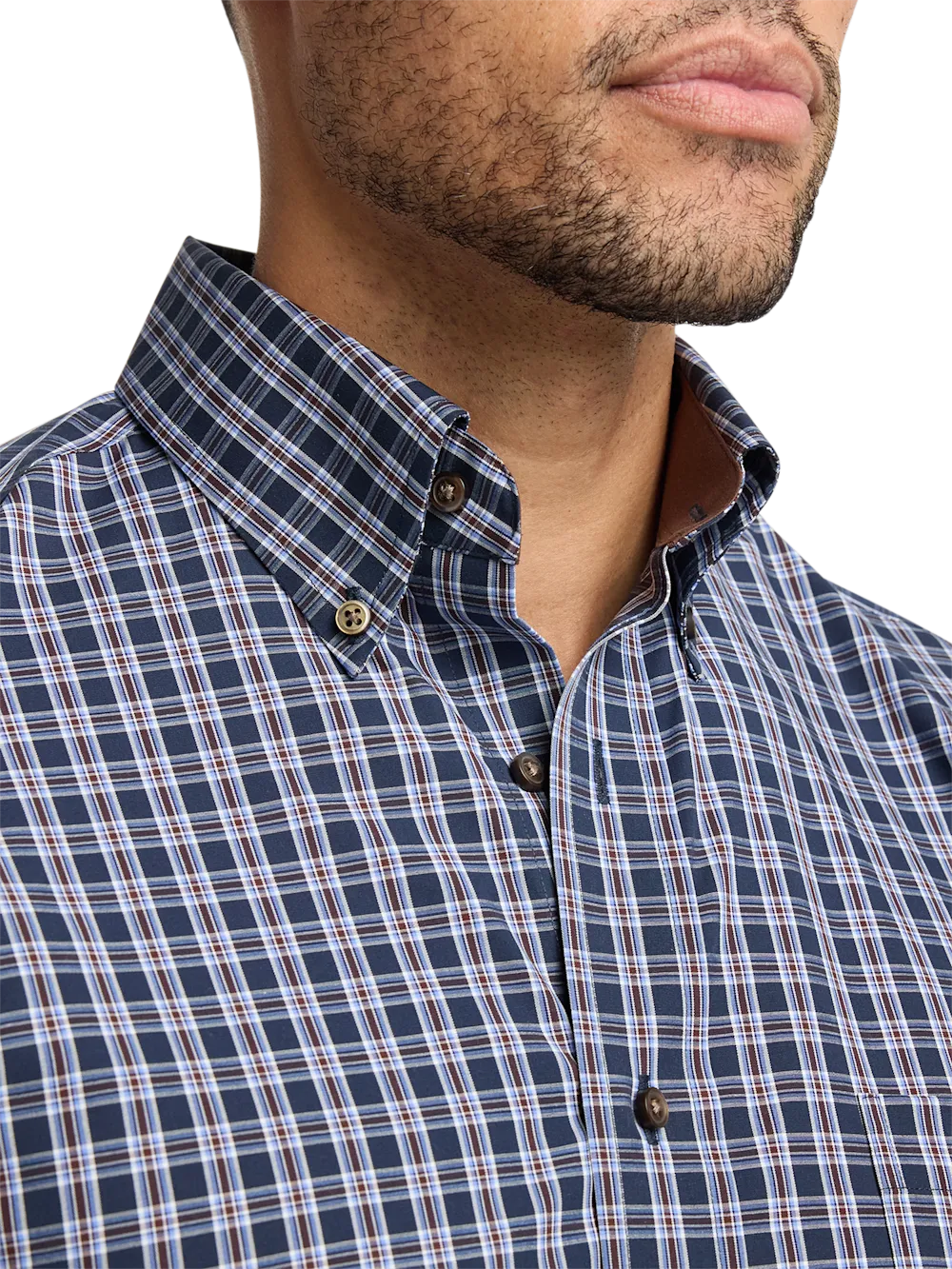 Non-Iron Cotton Plaid Dress Shirt With Contrast Trim - Navy/brown