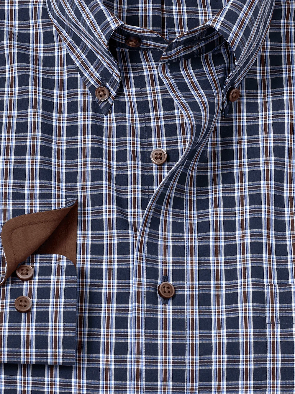 Non-Iron Cotton Plaid Dress Shirt With Contrast Trim - Navy/brown