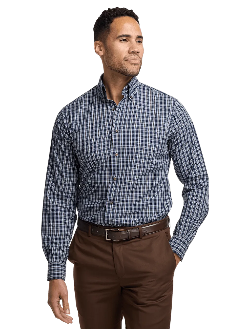 Non-Iron Cotton Plaid Dress Shirt With Contrast Trim - Navy/brown
