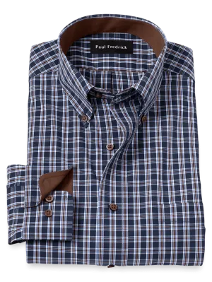 Non-Iron Cotton Plaid Dress Shirt With Contrast Trim - Navy/brown