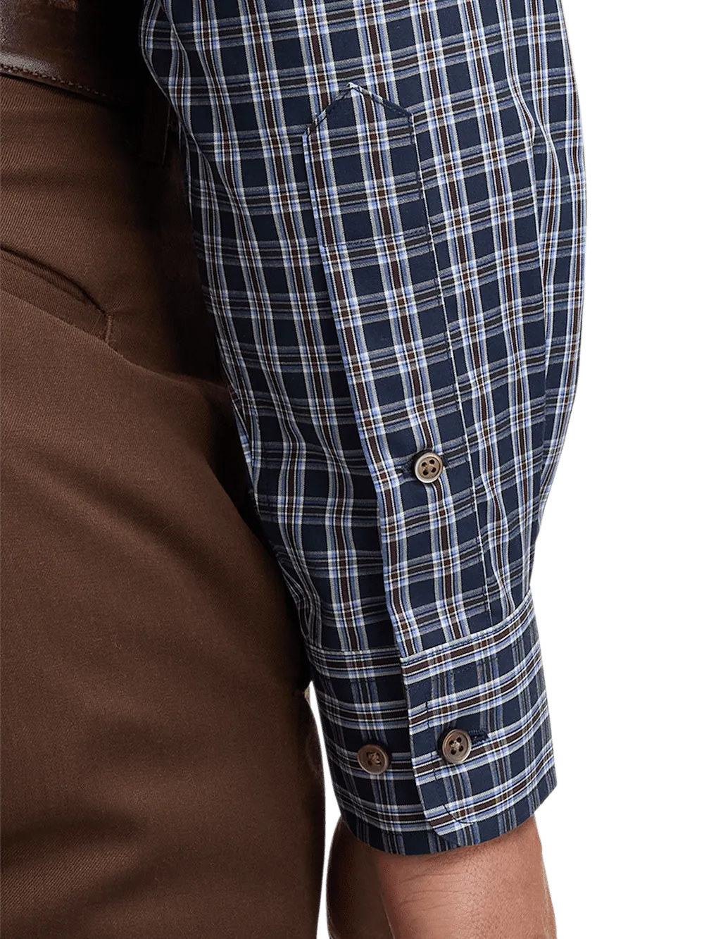 Non-Iron Cotton Plaid Dress Shirt With Contrast Trim - Navy/brown