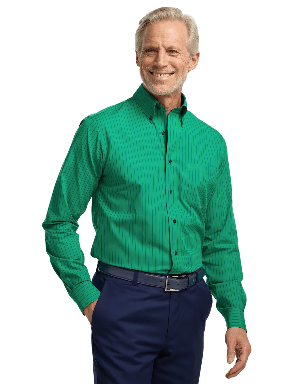 Non-Iron Cotton Stripe Dress Shirt With Contrast Trim - Green