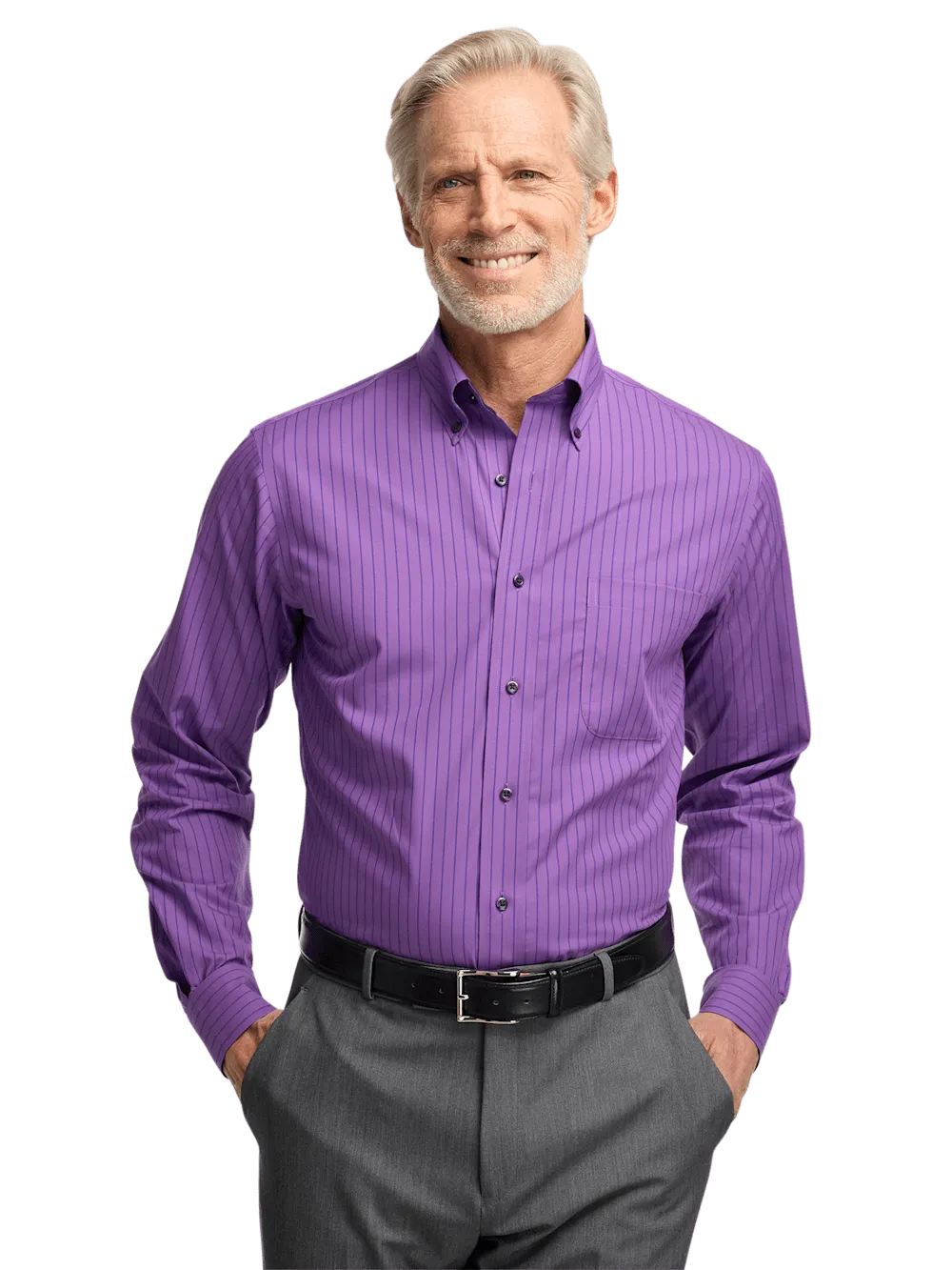Non-Iron Cotton Stripe Dress Shirt With Contrast Trim - Purple