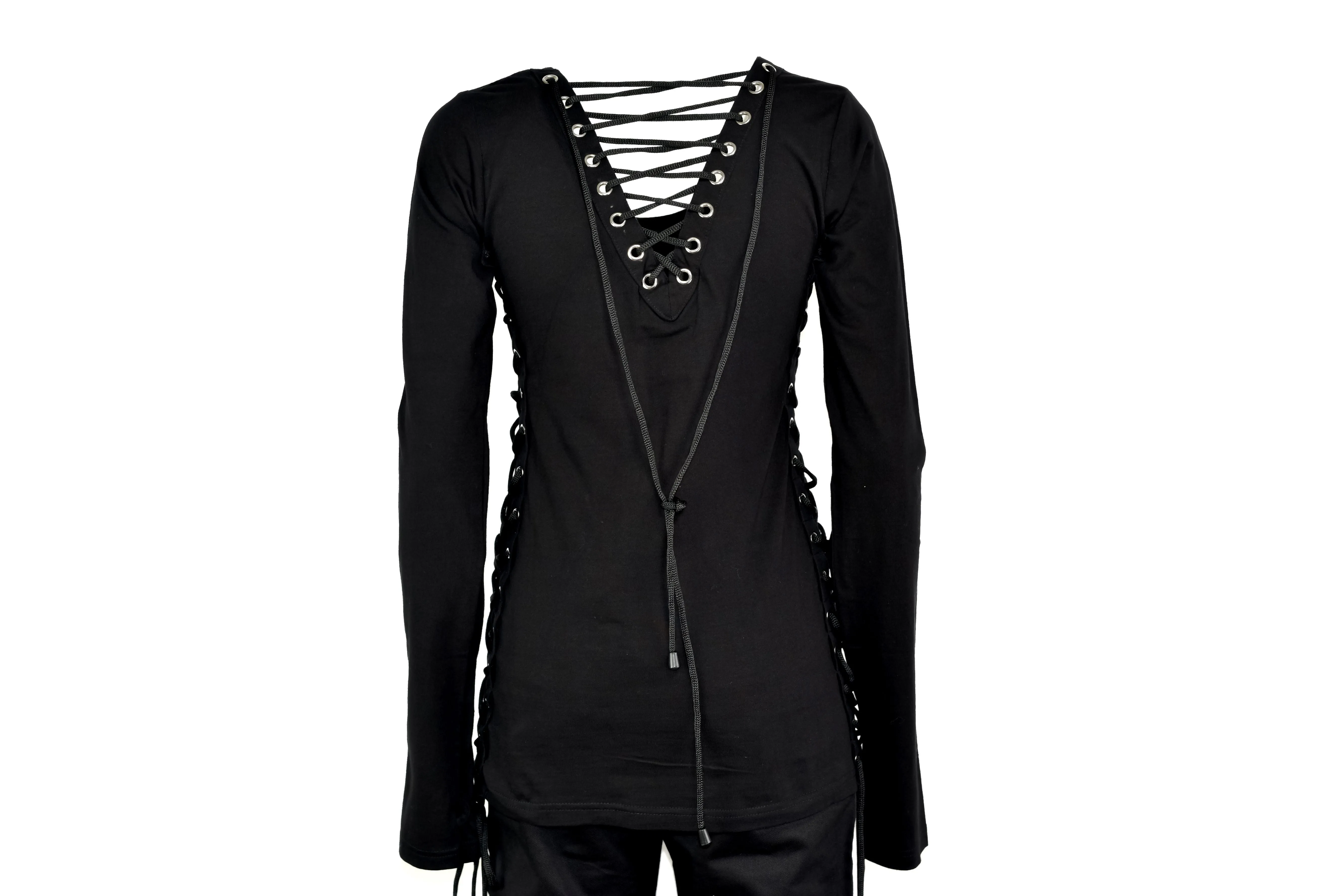 Women's Gothic Girl Long Sleeve Pullover Thumb Holes Lacing Black
